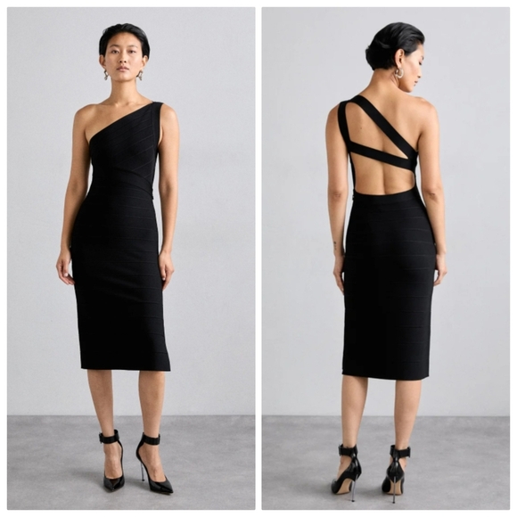 New Hervé Léger The Bella Asymmetrical Black Cocktail Party Midi Dress Large NWT - Picture 1 of 8